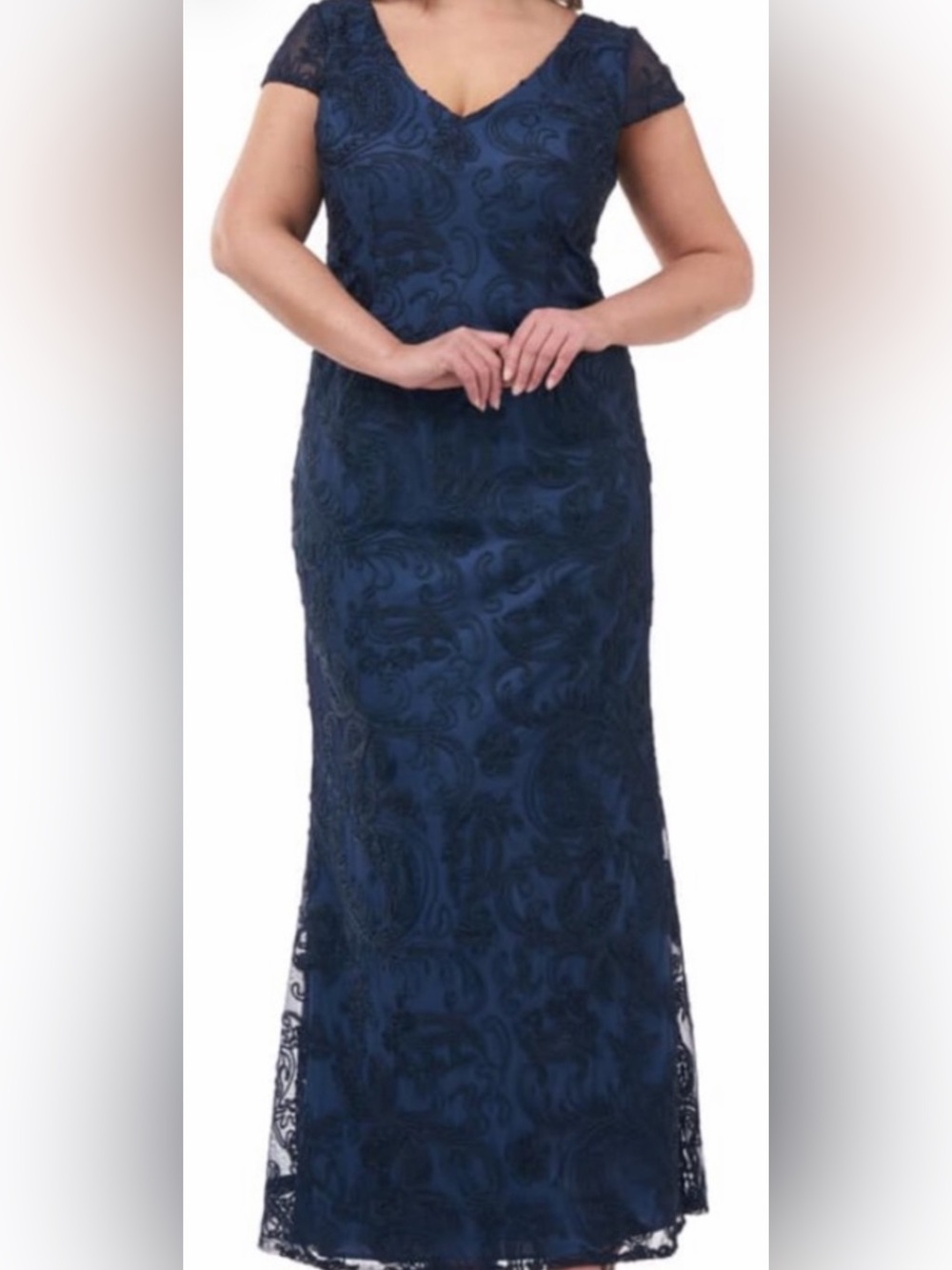 JS Collections Navy Lace Maxi Gown with V-Neck